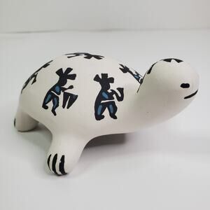 Signed Art Pottery Turtle Figurine Kokopelli design small turtle trinket